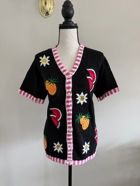 Quacker Factory Black Button-Front Top with Pink Stripe Trim and Fruit Patches